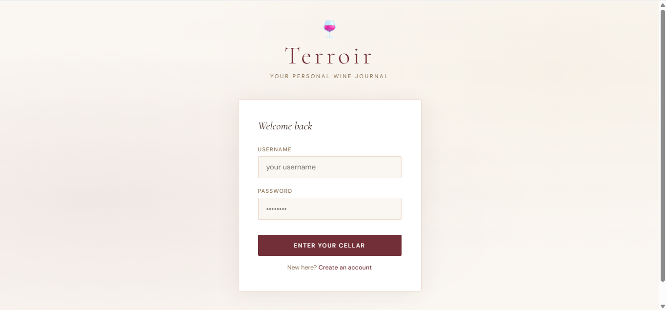 Terroir Personal Wine Journal Web Login Portal
